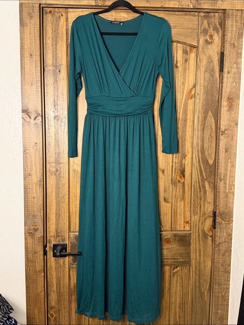 Green Long-Sleeve Wrap Maxi Dress with Ruched Waist
